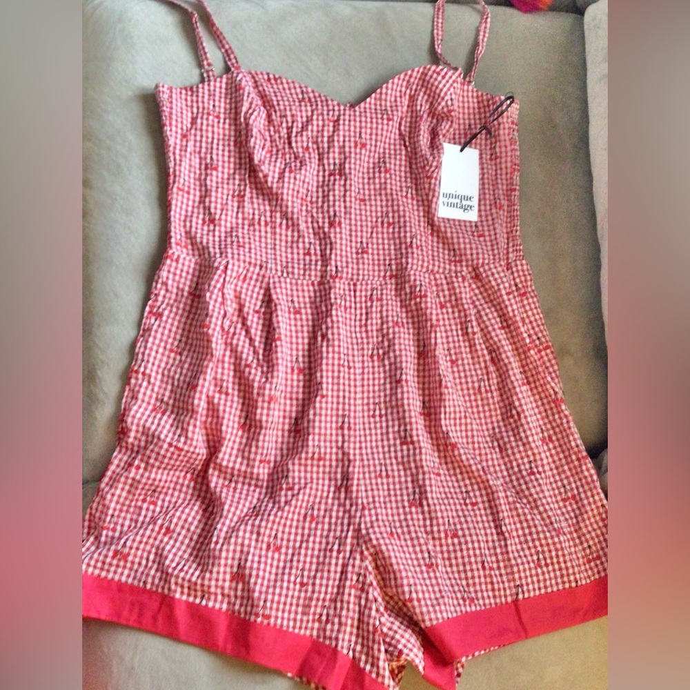 Unique Vintage Gingham Check Cherry Print Romper Playsuit Sz 1X 16 NEW With Tags